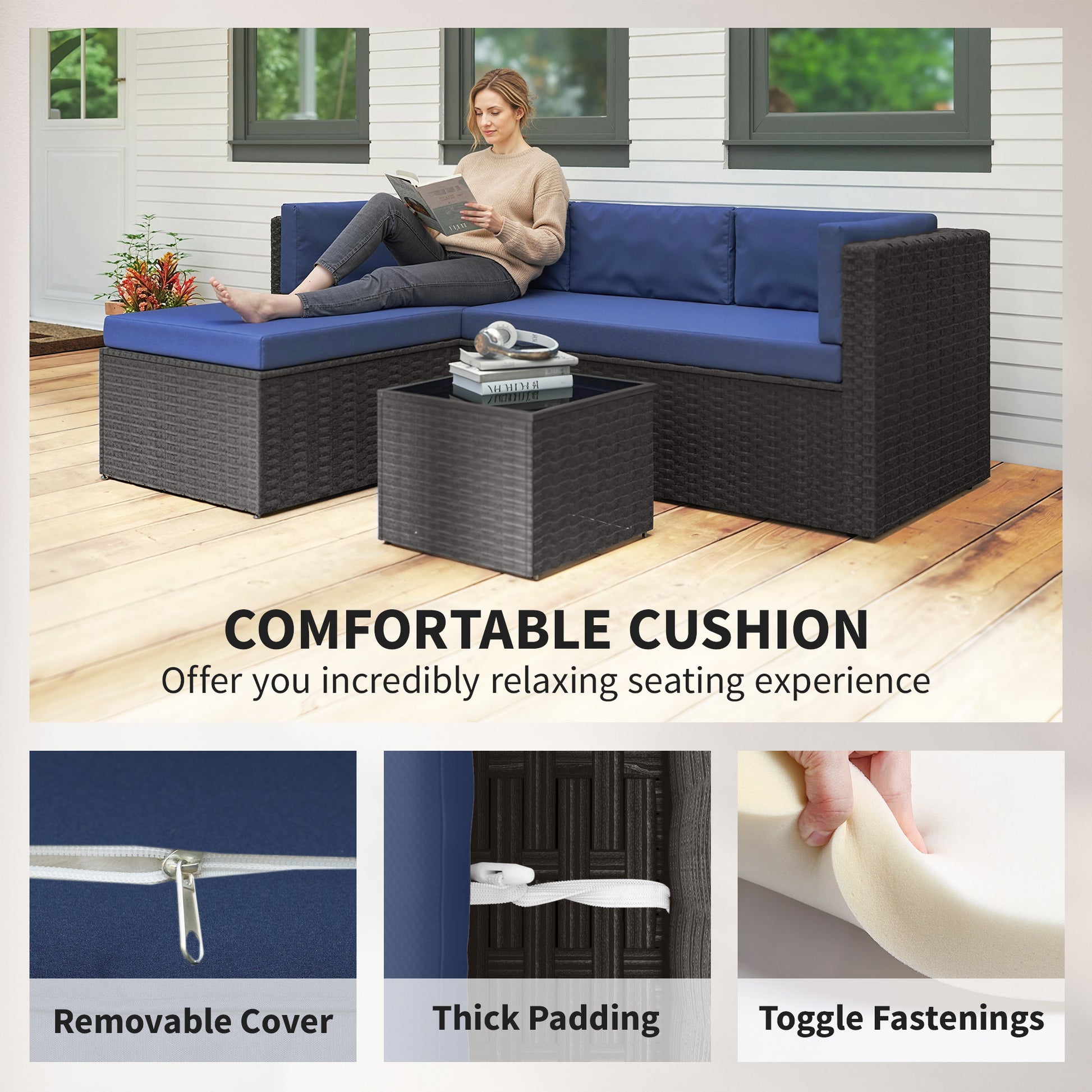 3 Piece Patio Furniture Set, Wicker Outdoor Patio Conversation Furniture Set with Cushions, Glass Top Table, Navy Blue