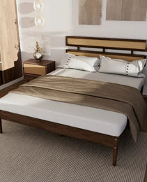 Double Rattan Woven Headboard, Bohemian Style, Painted Finish, Pine Wood, Dark Walnut Color, Queen Size Wooden Bed