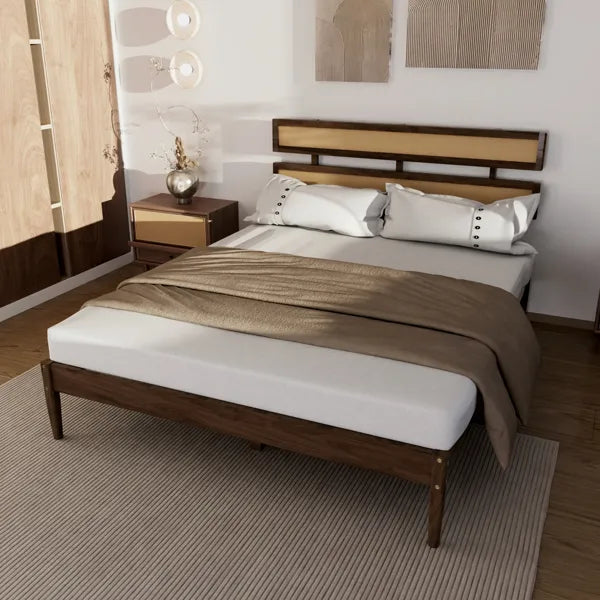 Double Rattan Woven Headboard, Bohemian Style, Painted Finish, Pine Wood, Dark Walnut Color, Queen Size Wooden Bed