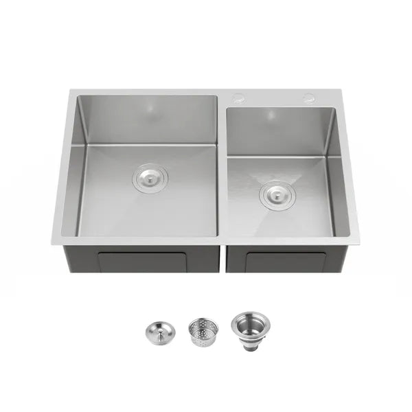 33" x 19" Double Bowl Stainless Steel Kitchen Sink – Handmade Dark Gray Overmount Workstation (10" Deep)