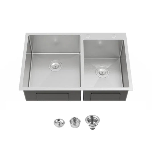 33" x 19" Double Bowl Stainless Steel Kitchen Sink – Handmade Dark Gray Overmount Workstation (10" Deep)