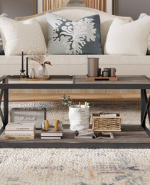 Modern Coffee Table For Bedroom & Living Room, Tempered Glass&Rustic Wood Grain MDF, Industrial Style Coffee Table