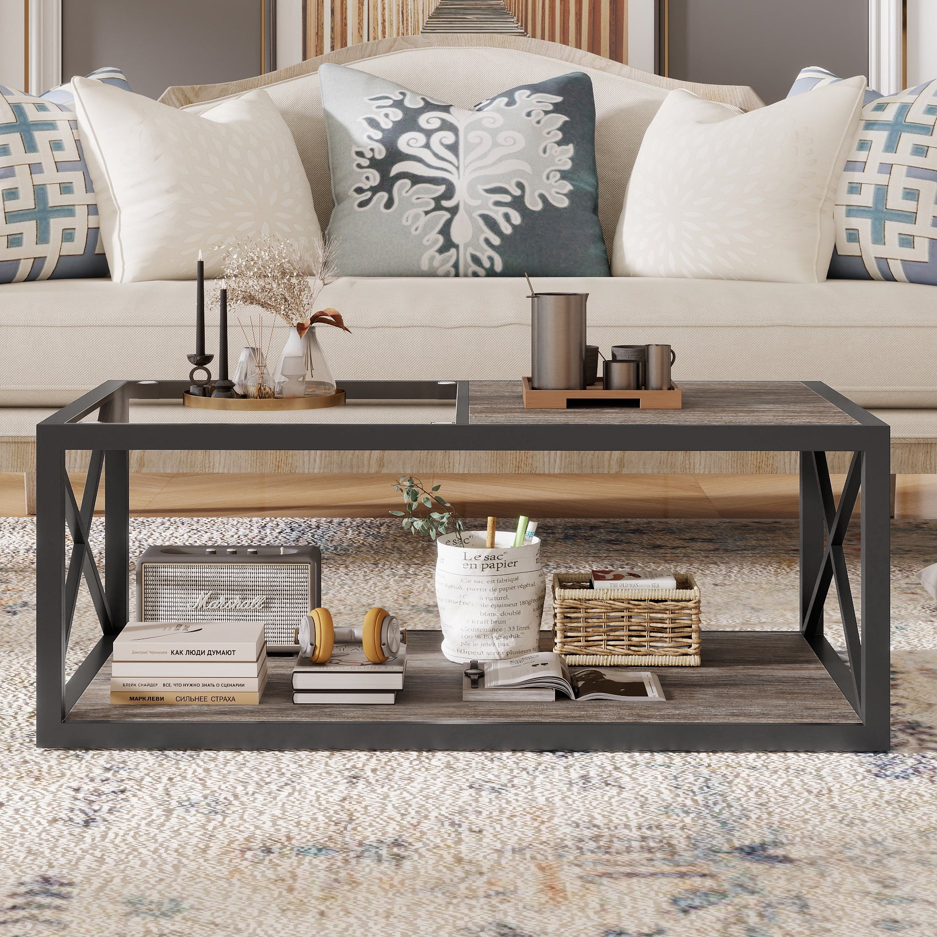 Modern Coffee Table For Bedroom & Living Room, Tempered Glass&Rustic Wood Grain MDF, Industrial Style Coffee Table
