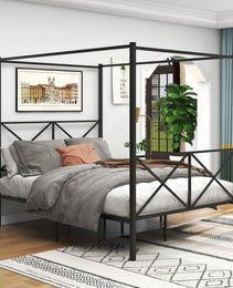 Metal Canopy Bed Frame, Platform Bed Frame Queen With X Shaped Frame Queen Black
