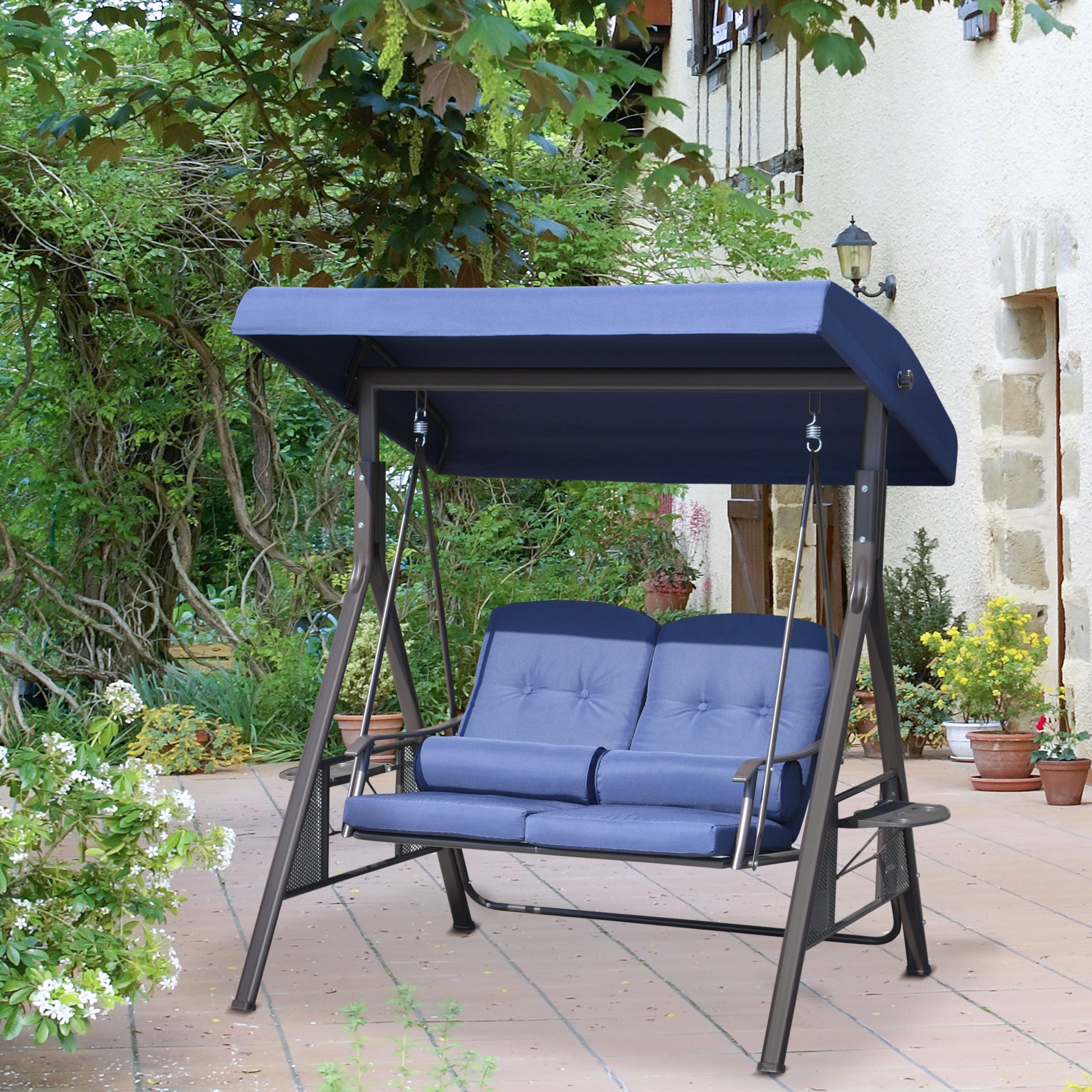 2-Person Patio Swing Bench with Adjustable Shade Canopy, Soft Cushions, Throw Pillows and Tray, Dark Blue