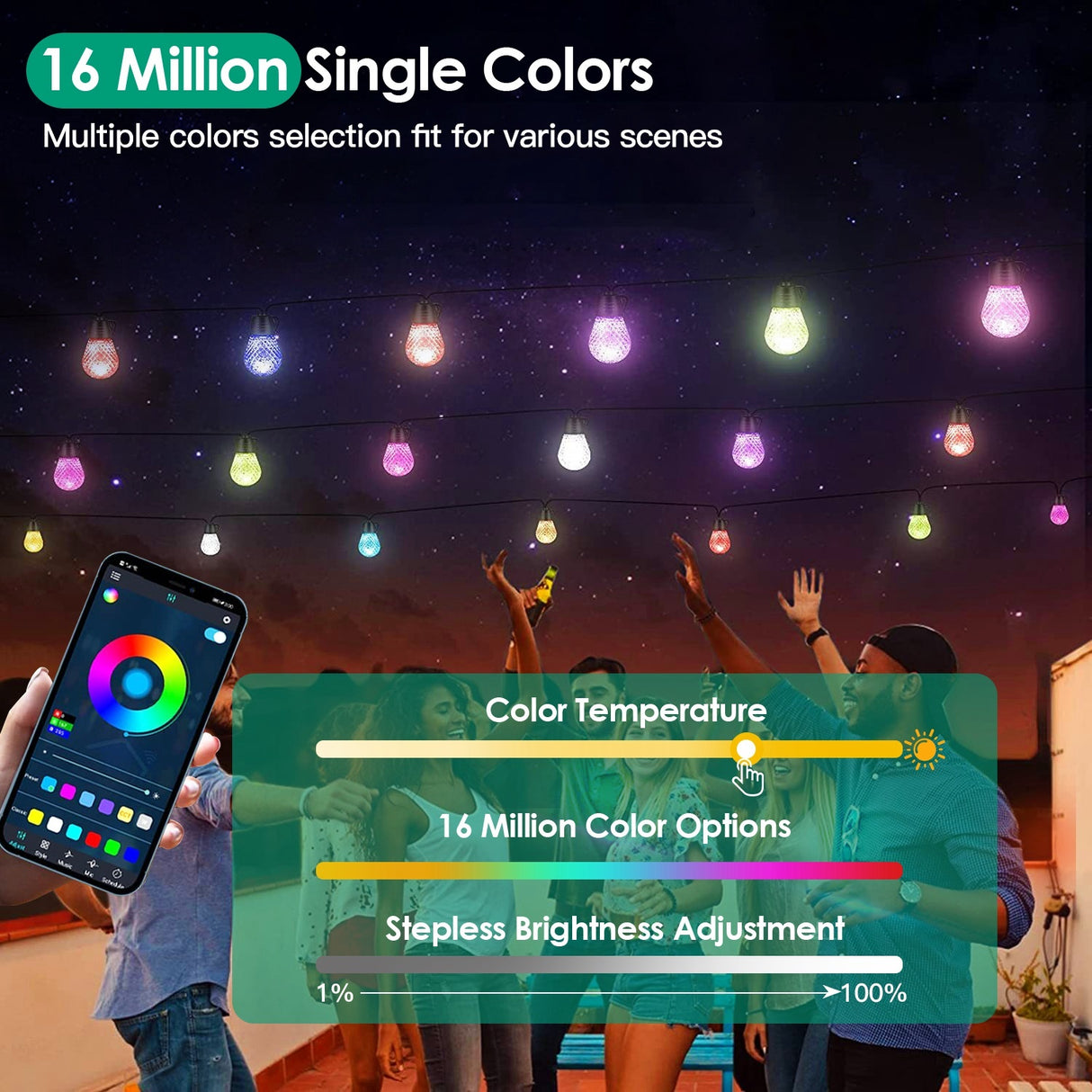 52.5FT Colorful Outdoor String Lights Smart RGB LED Patio Lights IP66 Waterproof Dimmable Hanging Light Bulbs With APP Remote Control 15 Bulbs - CJDS - FC