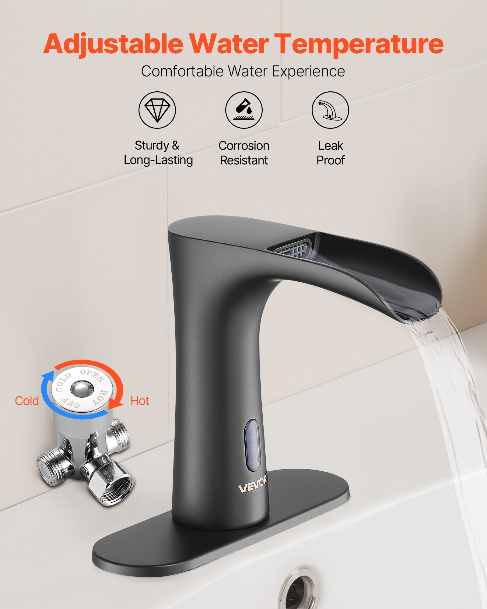Touchless Bathroom Sink Faucet, Automatic Motion Sensor Waterfall Restroom Toilet Faucet With Hole Cover Plate, Modern Electronic Sensor Hot/Cold Water For 9/16 In Pipe Commercial,Matte Black