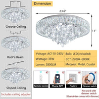 23.6" Modern Crystal Chandeliers LED Dimmable Flush Mount Ceiling Chandeliers for Living Room Entrance Foyer Bedroom Silver