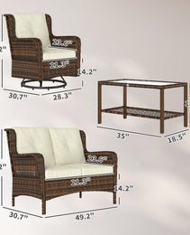 4 Piece Rattan Patio Furniture Set, Conversation Set with Swivel Glider Chairs Table Loveseat for Garden, Patio, Cream