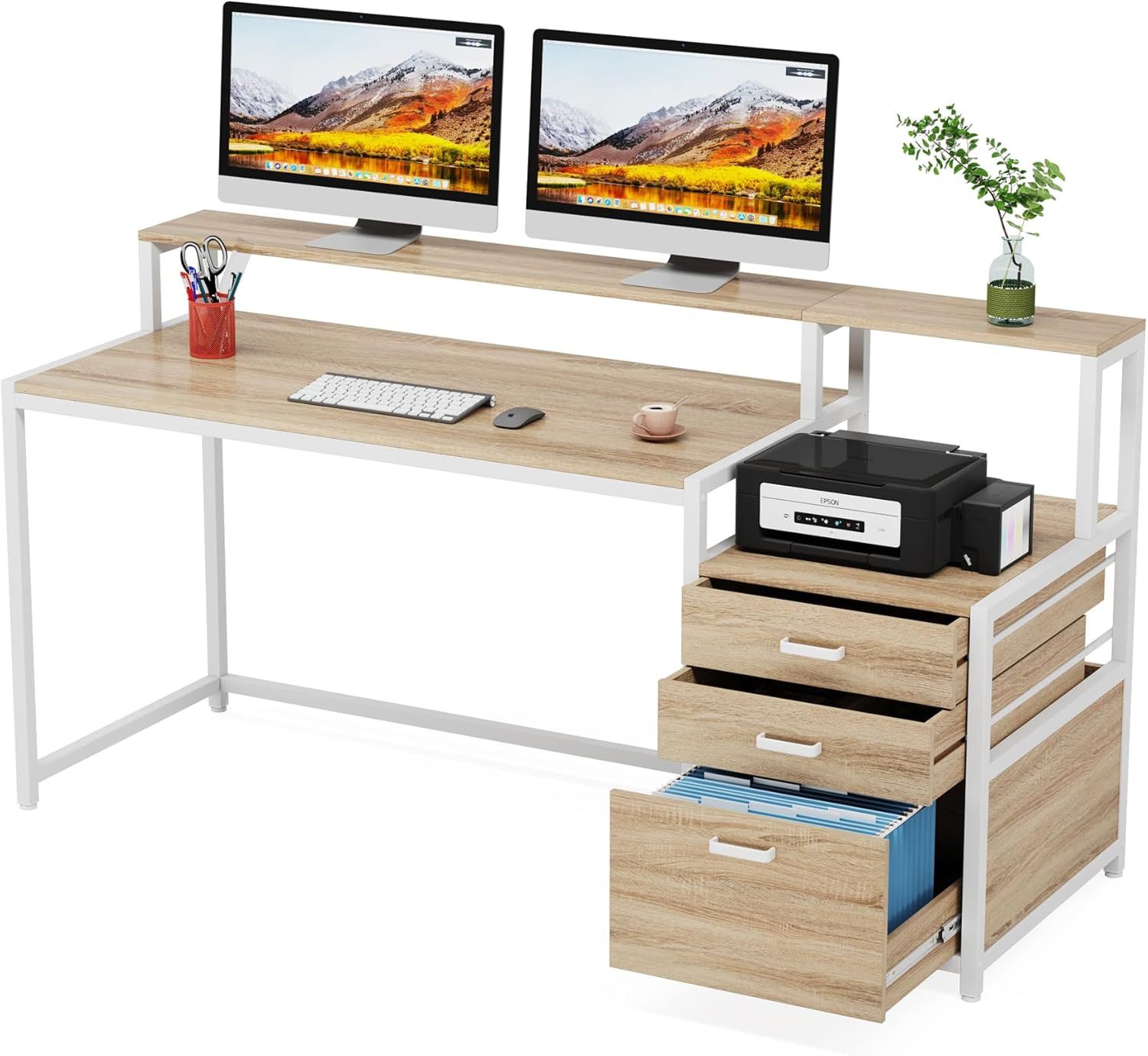 63 Inch Computer Desk With File Drawer Cabinet, Ergonomic Office Desk With Monitor Stand, Industrial Computer Table With Printer Space