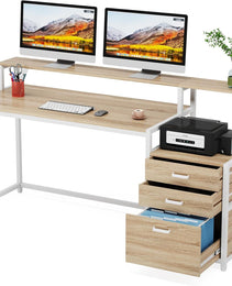 63 Inch Computer Desk With File Drawer Cabinet, Ergonomic Office Desk With Monitor Stand, Industrial Computer Table With Printer Space