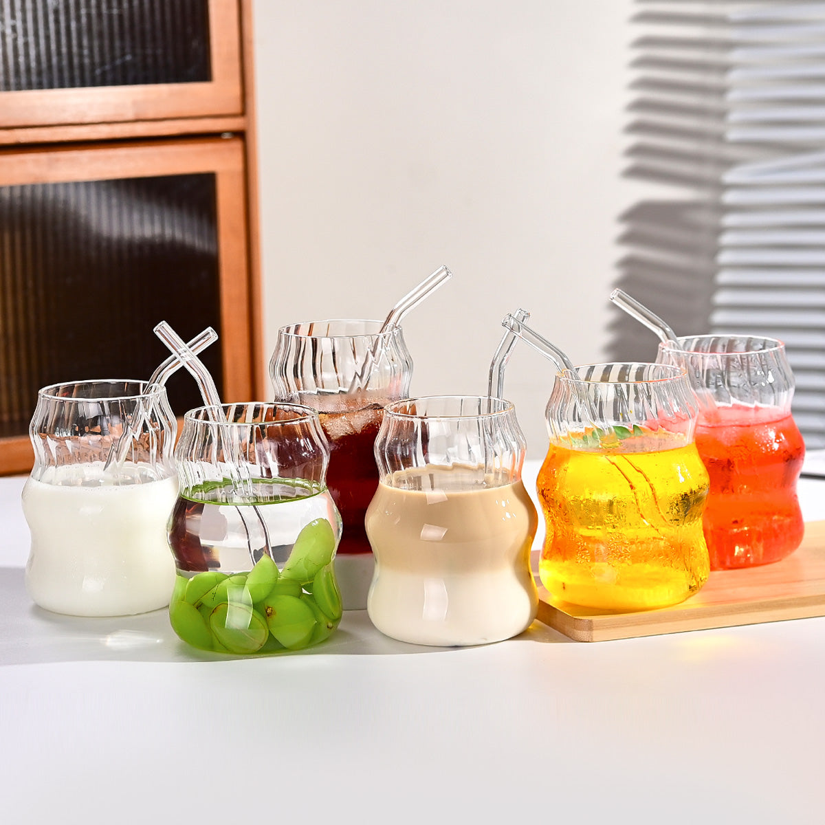 6 Pcs 19 Ounce Glass Straw Cup, Coffee Cup, Milk Cup, Juice Cup, Cold Drink Cup, Tea Cup, Water Cup, Office Cup, Striped Cloud Cup