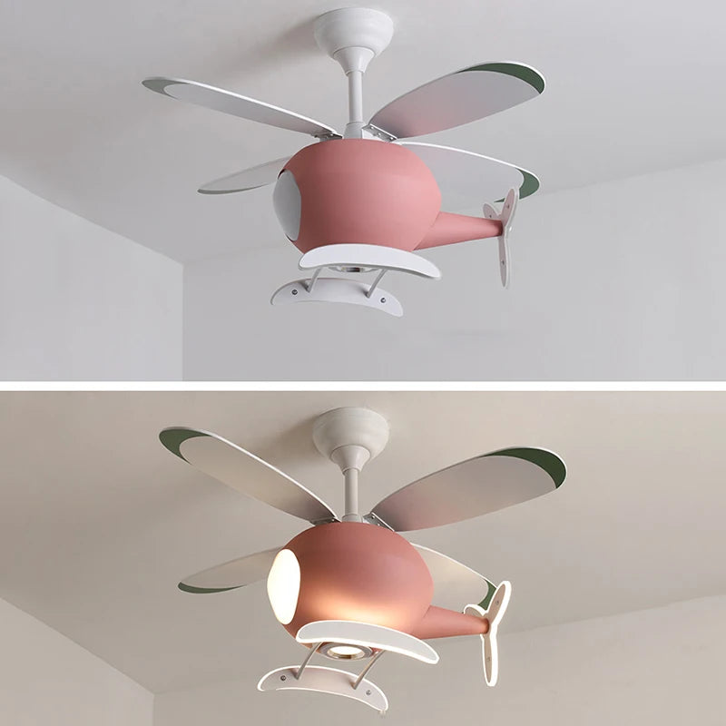 Blue Pink Airplane Children's Room Ceiling Fan Lamp Modern Colorful Helicopter Kids Bedroom Chandelier Cartoon Ceiling Light LED