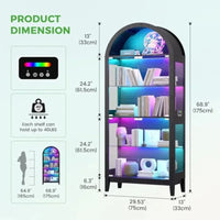 Arched Glass Display Cabinet for Living Room, Tempered Glass Metal, Black, RGB LED Lighting Adjustable Shelves