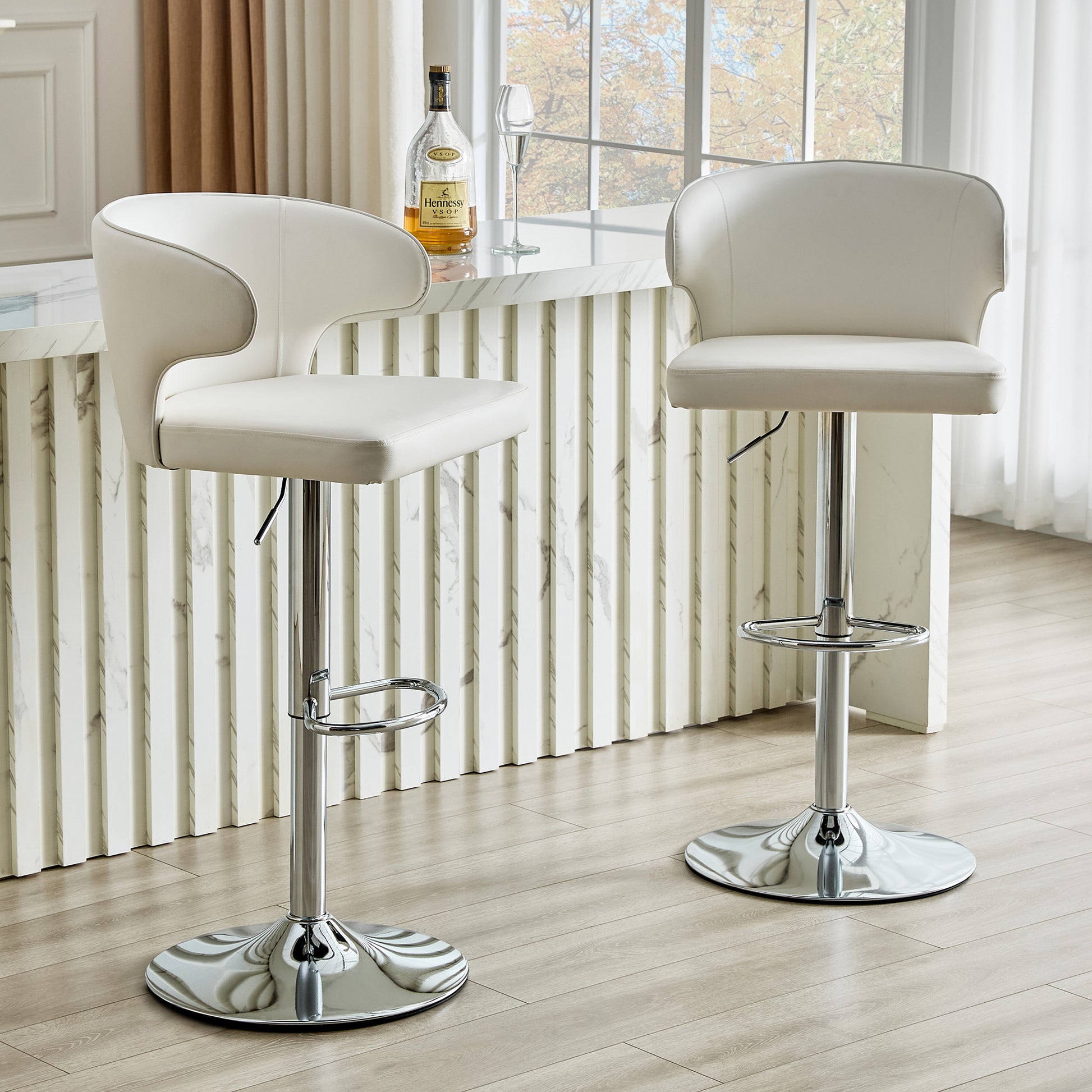 Modern Rotating Adjustable Bar Chair, PU Leather Belt Backrest Swivel Chair, Suitable For Kitchen Bar Counter And Dining Room, Adjustable Height, Capable Of Bearing 300 Pounds  White -2 Pieces