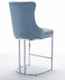 26  Counter Height Bar Stools Set Of 2, Modern Velvet Barstools With Button Back&Rivet Trim Upholstered Kitchen Island Chairs With Sturdy Chromed Metal Base Legs Farmhouse Bar Stools,Light Blue,2 Pack