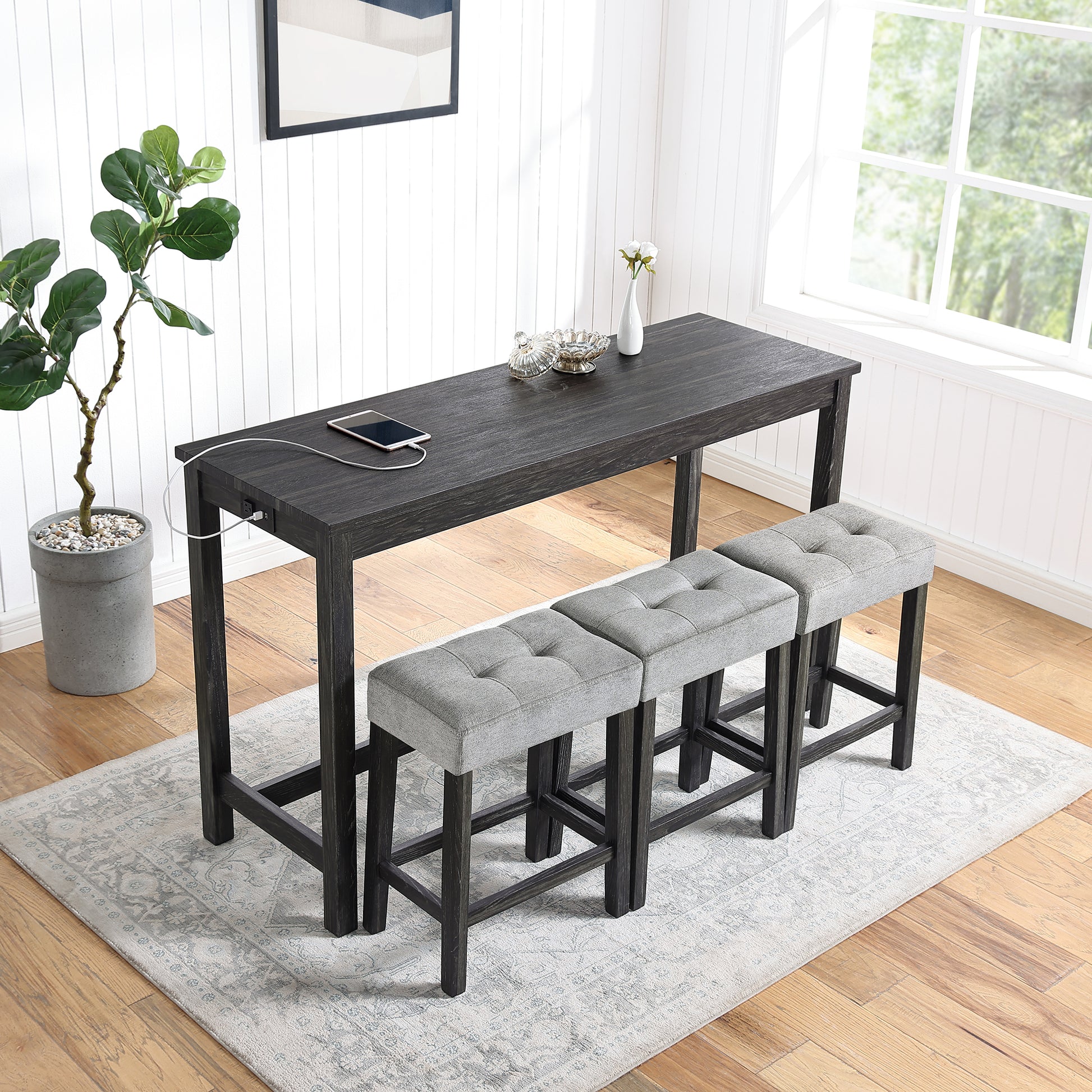 Bar Table Set With Power Outlet, Bar Table And Chairs Set, 4 Piece Dining Table Set, Industrial Breakfast Table Set, For Living Room, Dining Room, Game Room
