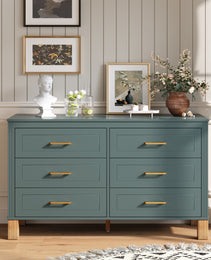 6-Drawer Double Dresser In Green, Modern Storage Cabinet With Metal Handles & Solid Wood Legs, Dresser Drawer Organizer For Kids Bedroom, Heavy-Duty Wooden Dresser With Pre-Installed