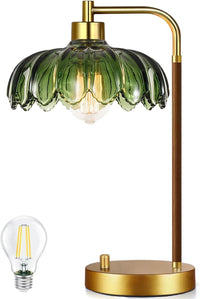 Flower Table Lamp for Bedroom Living Room,Small Gold Bedside Lamps Dimmable Boho Bedroom Lamp with Glass Green Lamp Shade,Vintage Mid Century Modern Mini Nightstand Lamp