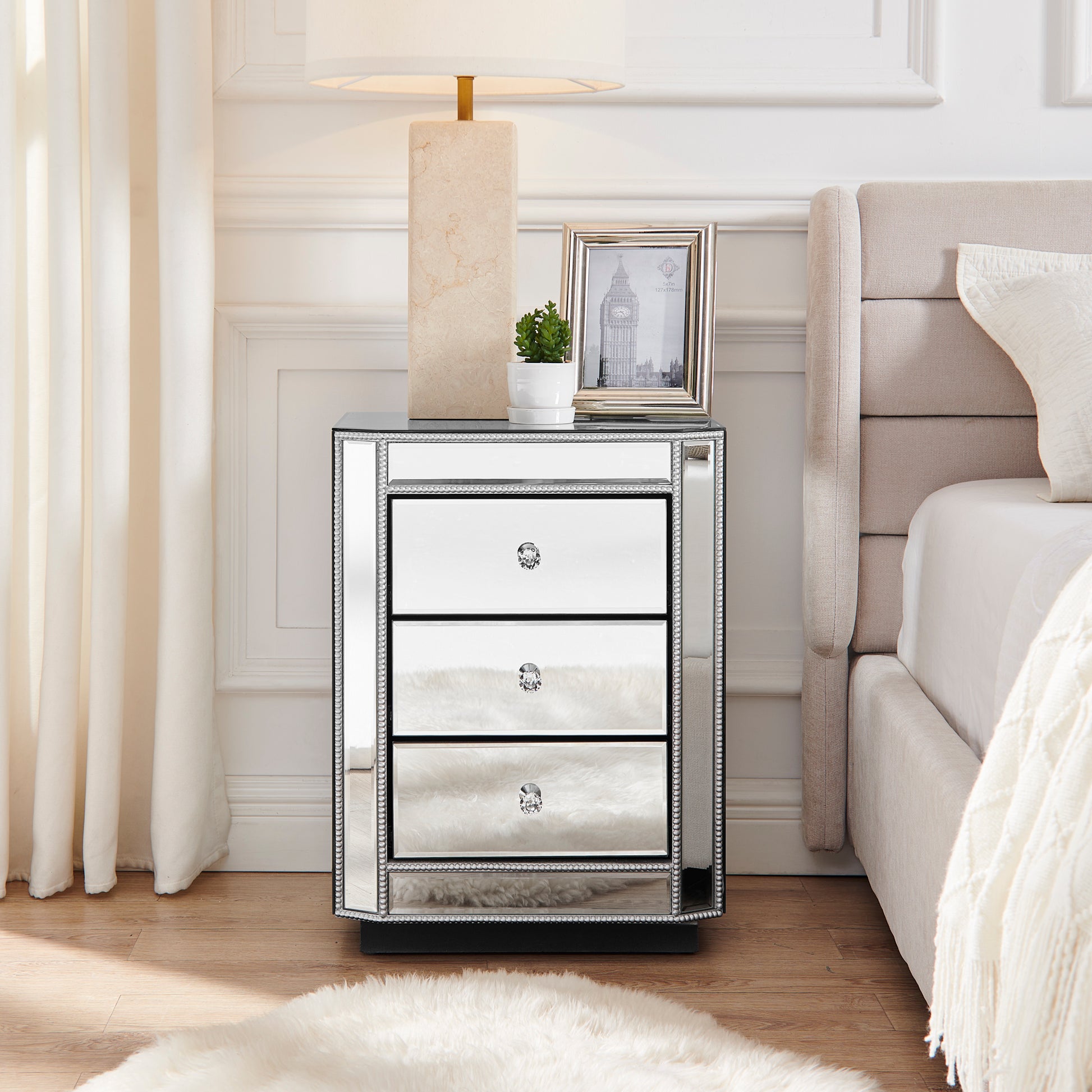 3-Drawer Mirrored Nightstand Bedside Table, Modern End Side Table, Mirrored Nightstand, Mirrored Side Table For Living Room, Bedroom, Entryway 17.7W X 13.8D X 23.6H