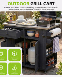 TOPMAx Outdoor Solid Wood Extendable 19.3  28  Kitchen Island  Stainless Steel Top Grill Table With Side Spice Rack  Kitchen Cart With Drawers  Storage Cabinet For Backyard  BBQ Party  Black