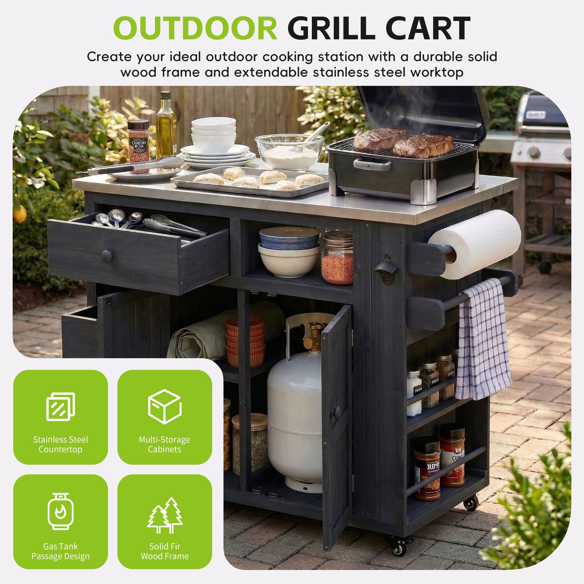 TOPMAx Outdoor Solid Wood Extendable 19.3  28  Kitchen Island  Stainless Steel Top Grill Table With Side Spice Rack  Kitchen Cart With Drawers  Storage Cabinet For Backyard  BBQ Party  Black
