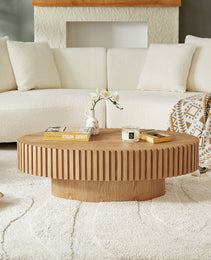 Modern Handcraft Drum Coffee Table Length 43.7 Inch Ellipse Coffee Table For Living Room,Oval Small Coffee Table With Sturdy Pedestal,Natural Ash MDF