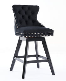 Swivel Velvet Barstools With Button Tufted Decoration And Wooden Legs, And Chrome Nailhead Trim, Leisure Style Bar Chairs,Bar Stools, Set Of 2 Black,SW1860BK