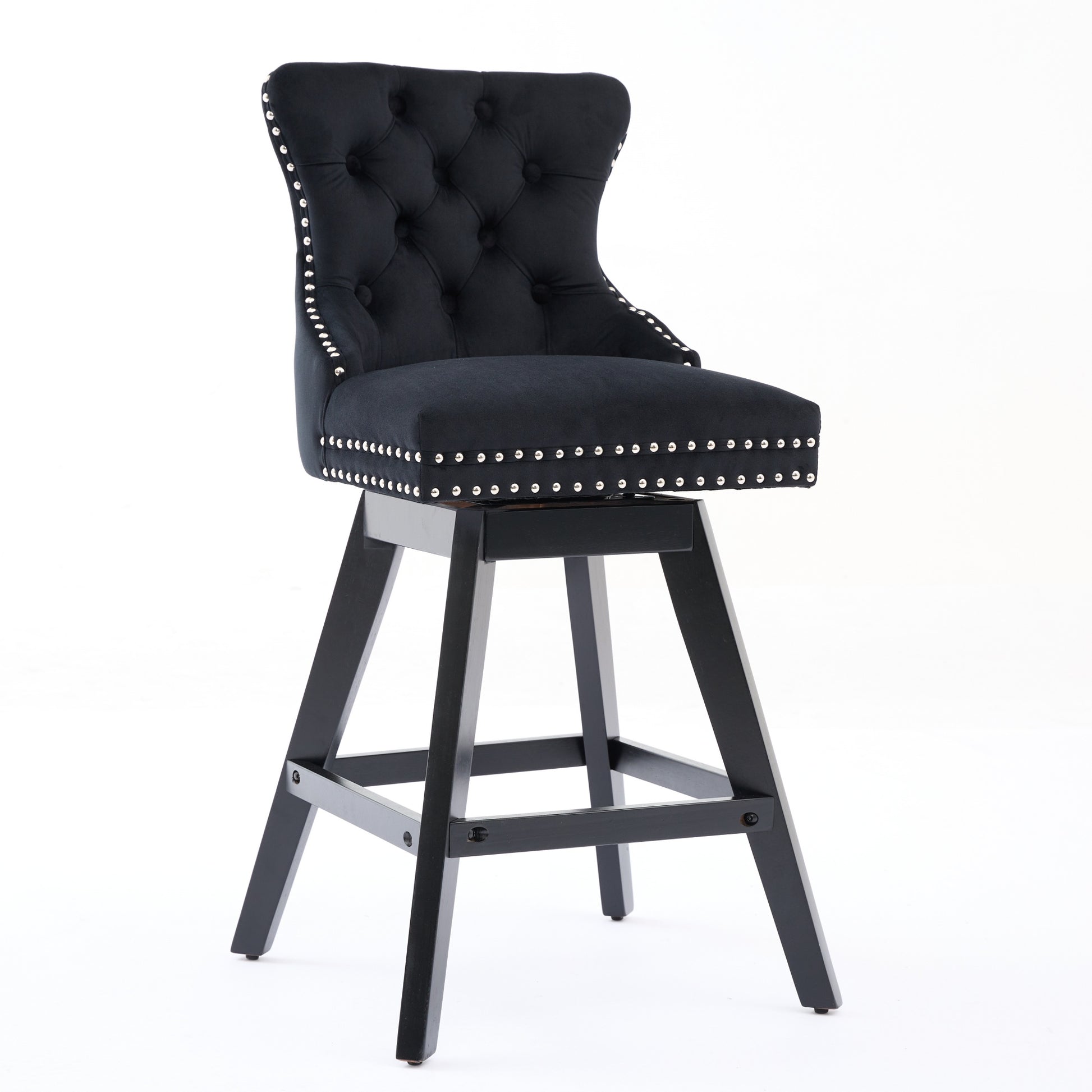 Swivel Velvet Barstools With Button Tufted Decoration And Wooden Legs, And Chrome Nailhead Trim, Leisure Style Bar Chairs,Bar Stools, Set Of 2 Black,SW1860BK