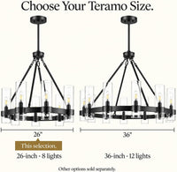 Teramo Black Wagon Wheel Chandelier, 26 Inch round Dining Room Light, Clear