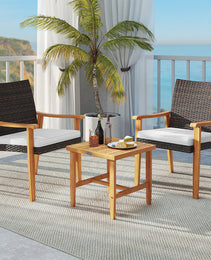 3 Pieces Patio PE Wicker Furniture Set Acacia Wood Outdoor Conversation Bistro Set