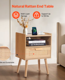 Rattan Nightstand, Boho Bedside Table With Drawer Open Shelf, Rattan End Table Wooden Nightstand With Solid Wood Legs, Rattan Side Table With Charging Station, For Bedroom, Study & Living Room
