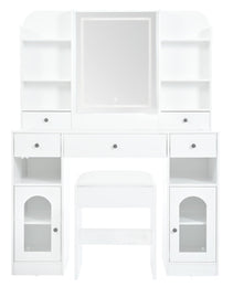 43.2 Vanity Desk With LED Mirror And Lights, Glass Top Vanity With RGB Glass Light Cabinets, Dressing Table With 5 Drawers ,Storage Shelves And Stool For Bedroom, White - CJDS