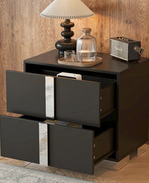 Elegant Nightstand With Metal Foot, Mirrored Bedside Table With 2 Drawers For Bedroom, Living Room, Black