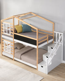 Twin Over Twin  Bunk Bed House Bed With Roof Windows Blackboard And Storage Ladder Platform Bed,bed Frame