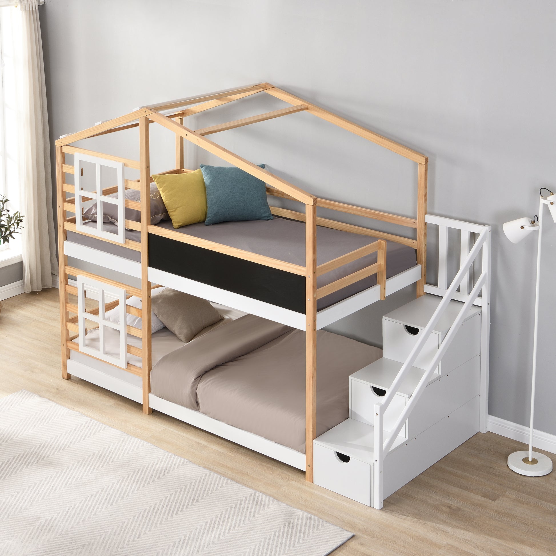 Twin Over Twin  Bunk Bed House Bed With Roof Windows Blackboard And Storage Ladder Platform Bed,bed Frame