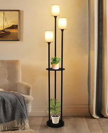 Floor Lamp With Shelf, Floor Lamp For Modern Living Room, 3 Light Standing Lamp With Linen Shade And Foot Switch Unavailable Platforms- CJDS