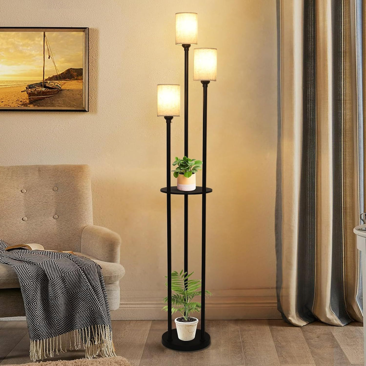 Floor Lamp With Shelf, Floor Lamp For Modern Living Room, 3 Light Standing Lamp With Linen Shade And Foot Switch Unavailable Platforms- CJDS