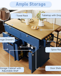 Available TOPMAX Farmhouse Kitchen Island With Drop Leaf And 2 Seatings, Kitchen Table Set With Storage Cabinet, Drawers, Door Shelves And Power Outlet, Blue