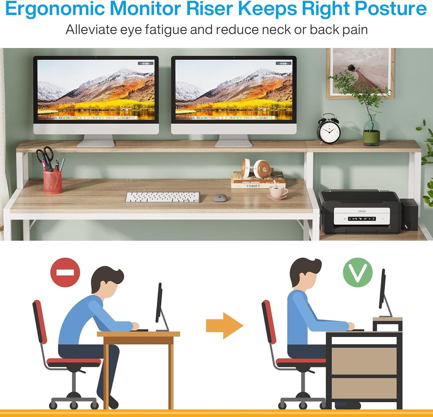 63 Inch Computer Desk With File Drawer Cabinet, Ergonomic Office Desk With Monitor Stand, Industrial Computer Table With Printer Space