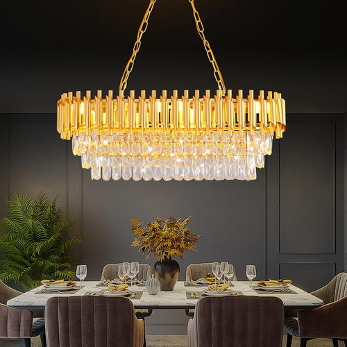 Modern Crystal Chandeliers for Dining Room 8-Light Rectangular Gold Crystal Chandelier Living Room Oval Contemporary Pendant Light Fixture for Kitchen Island Bar Restaurant L32