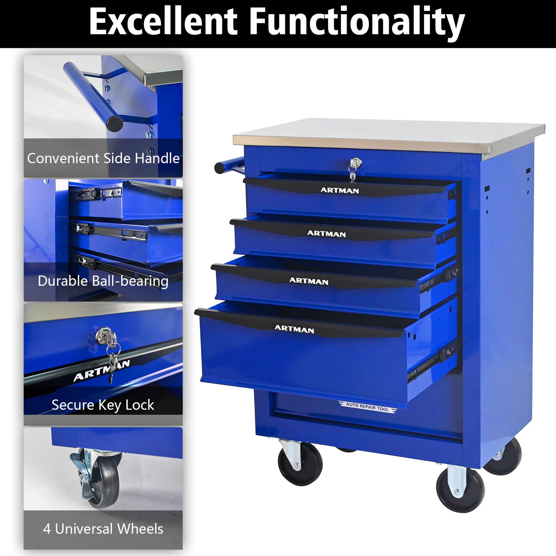 5 Drawers Multifunctional Tool Cart With Wheels,Metal Rolling Tool Cart Storage For Garage Workshop Warehouse Repair Shop--With Stainless Steel Roof- BLACK&BLUE