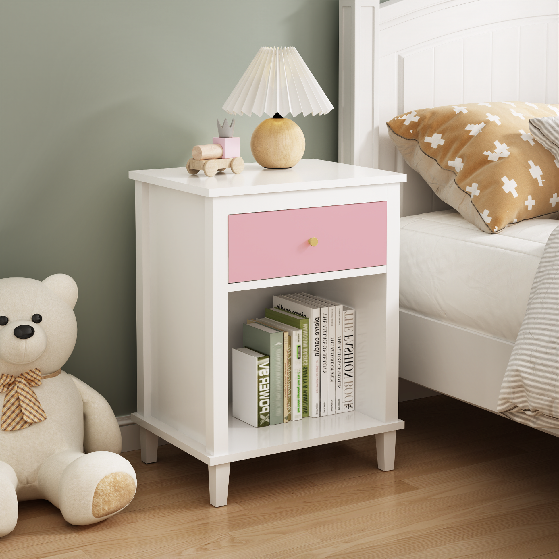 26.77''H Wooden Nightstand With One Drawer One Shelf For Kids, Adults, Pink Golden Handle