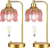 Pink Table Lamp Set of 2,Small Gold Bedside Lamps Dimmable Boho Bedroom Lamp with Tulip Flower Glass Lamp Shade,Vintage Mid Century Modern Mini Nightstand Lamp for Bedroom Living Room