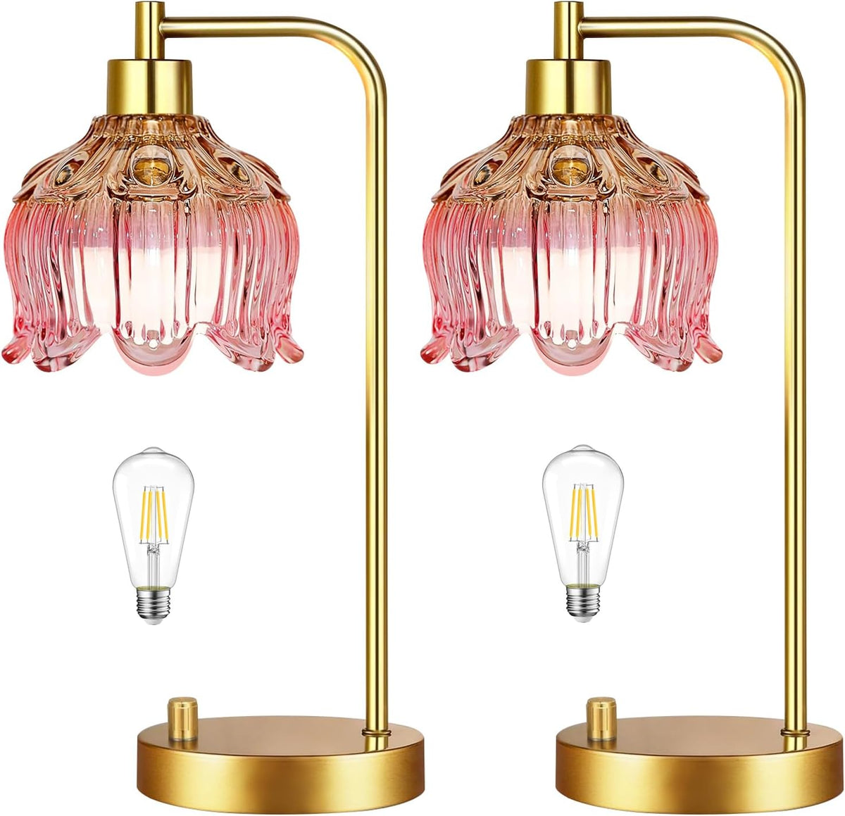 Pink Table Lamp Set of 2,Small Gold Bedside Lamps Dimmable Boho Bedroom Lamp with Tulip Flower Glass Lamp Shade,Vintage Mid Century Modern Mini Nightstand Lamp for Bedroom Living Room