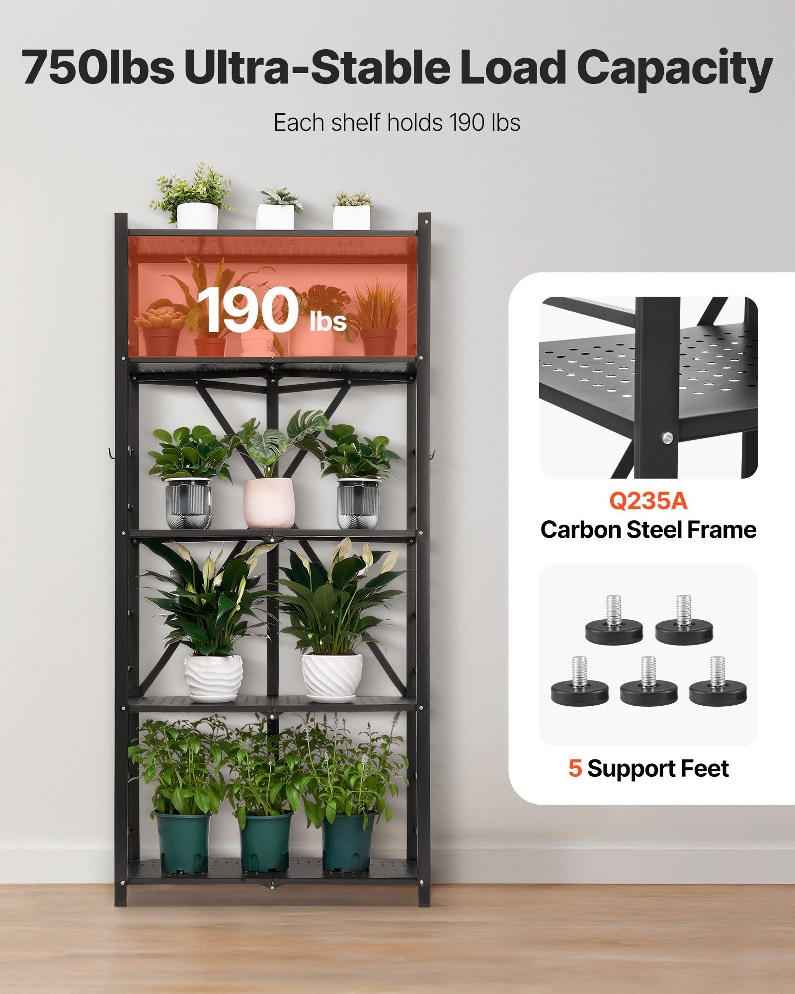 5-Tier Foldable Storage Shelf, 28W X 15D X 64H Inch Folding Metal Rack Shelving Unit, No Assembly Organizer Shelf With 5 Wheels & 4 Hooks For Pantry, Kitchen, Garage, Basement, Black