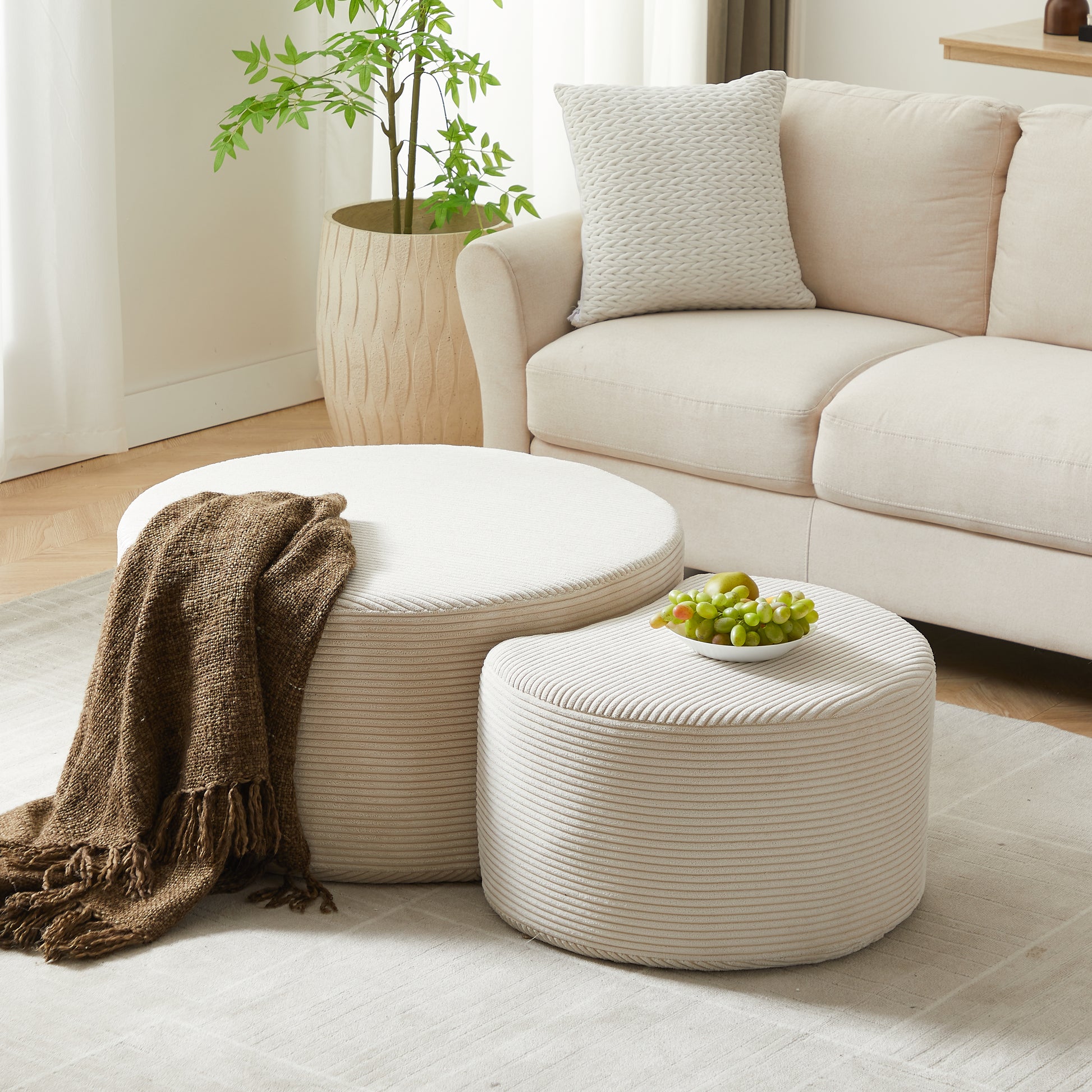 Nesting Coffee Table Set Of 2,Upholstered Round Coffee Tables Set Of 2 For Living Room, Modern Foam Round Coffee Table Side Table End Table Ottoman, No Assembly