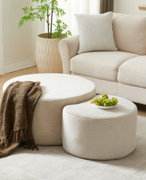 Nesting Coffee Table Set Of 2,Upholstered Round Coffee Tables Set Of 2 For Living Room, Modern Foam Round Coffee Table Side Table End Table Ottoman, No Assembly