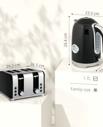Retro Black Breakfast Set: 1.7L Rapid-Boil Kettle & 4-Slice Toaster – Vintage Curves with Real-Time Temperature Gauge
