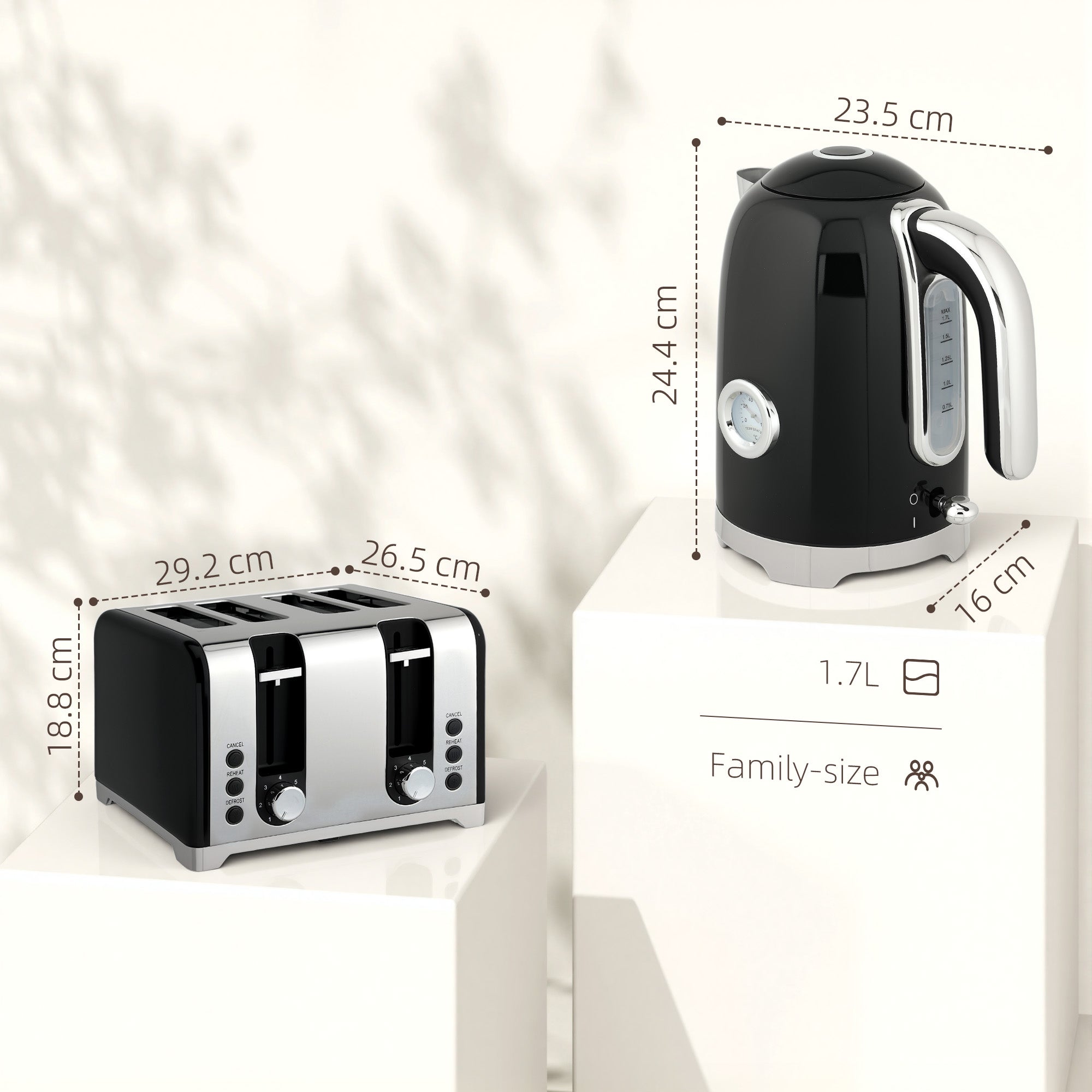Retro Black Breakfast Set: 1.7L Rapid-Boil Kettle & 4-Slice Toaster – Vintage Curves with Real-Time Temperature Gauge